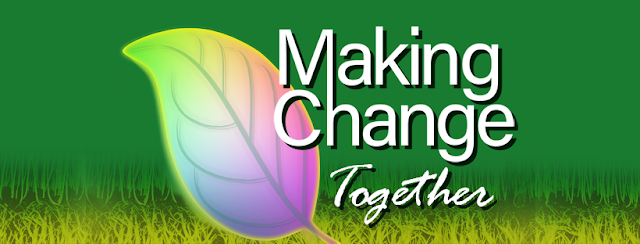 The Making Change Together Logo: Banner with green background, with colorful leaf growing out of grass and roots on bottom of image.