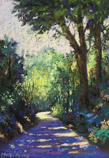 A soft pastel painting of a forest landscape by Indian artist Manju Panchal