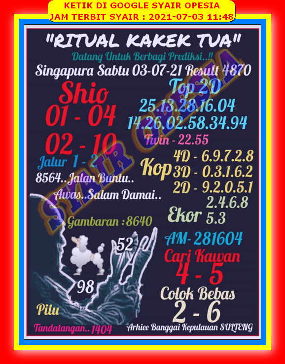 Syair Singapura Sabtu 3 Juli 2021 Royal Syair