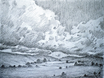 Clouds, Valley, Drawing, Scotland, graphite