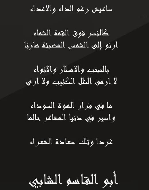 Slatni ساعيش رغم الداء والاعداء كالنسر فوق القمة الشماء ارنو إلى الشمس المضيئة هازئا بالسحب والامطار والانواء لا ارمق الظل الكئيب ولا ارى ما في قرار الهوة السوداء واسير في دنيا المشاعر