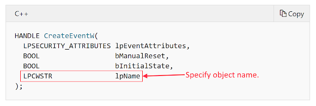 Screenshot showing CreateEventW prototype with an lpName parameter which specifies the object name.