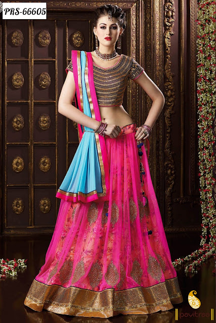 turquoise pink color chiffon designer chaniya ghagra choli online shopping collection with cod in India