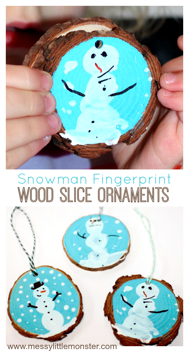 Fingerprint Snowman Wood Slice Ornament. A cute kid made Christmas ornament and keepsake. Toddlers, preschoolers and older children can have fun with this rustic Christmas craft.