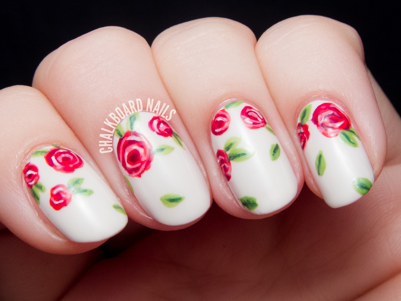Sweet red rose nail art by @chalkboardnails