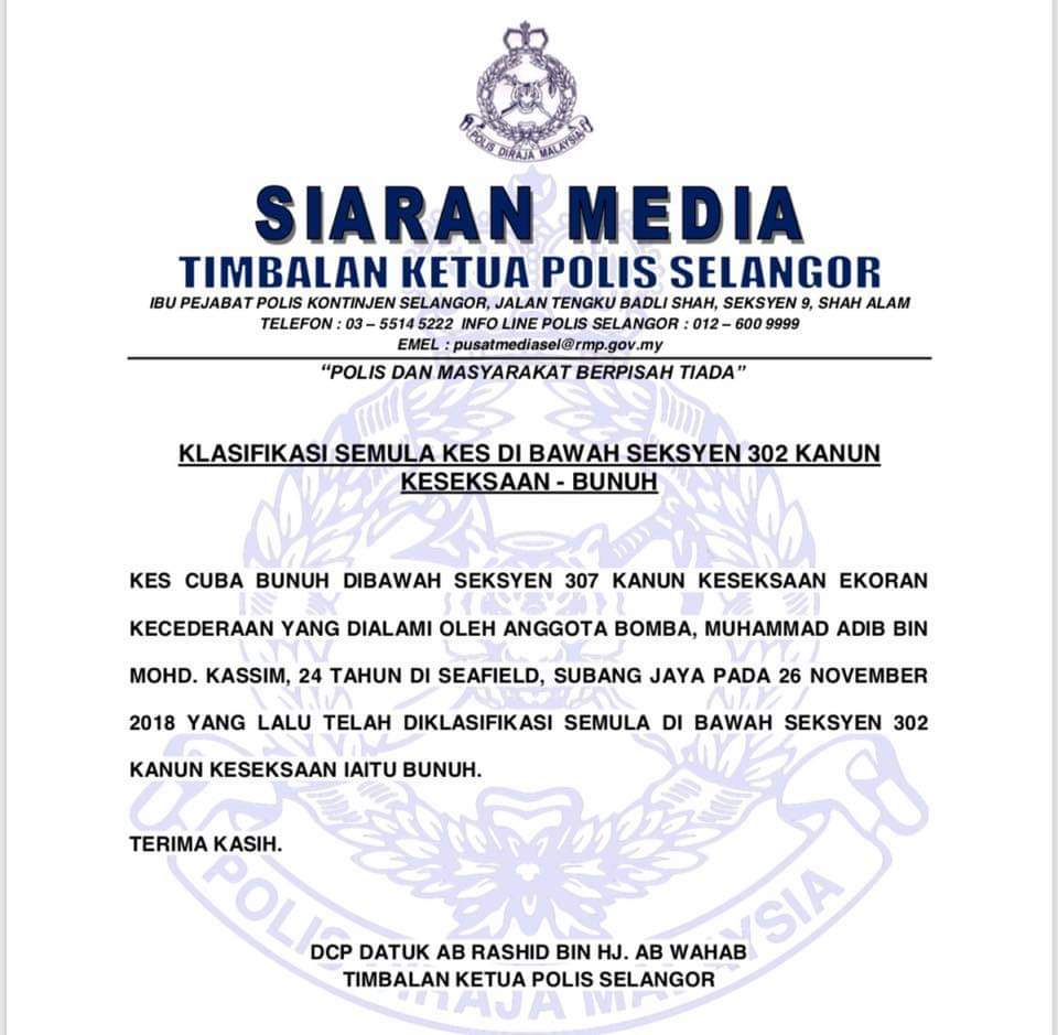 Kematian Muhammad Adib Diklasifikasikan Kes Bunuh