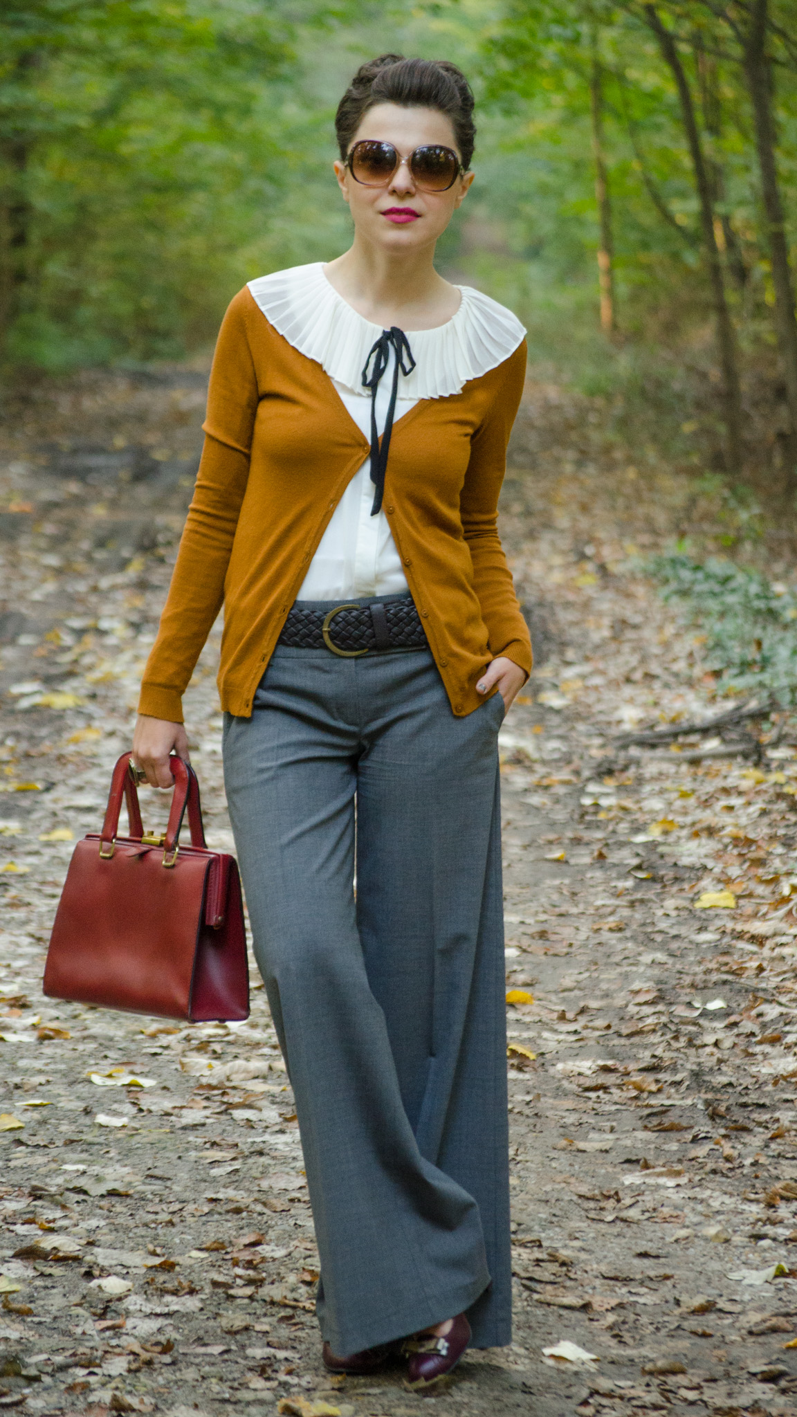 grey flare pants peter pan collar ivoire shirt black bow tie burgundy bag autumn outfit forest cardigan