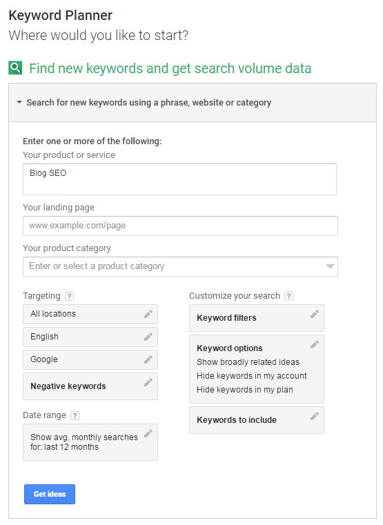 search for new keywords on Google Keyword Planner