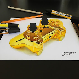 07-Gold-PS3-Controller-Stephan-Moity-2D-Drawings-Optical-Illusions-made-to-Look-3D-www-designstack-co