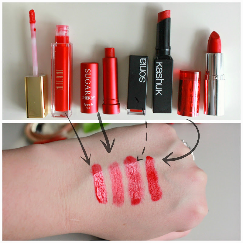 milani lipgloss swatch, sugar fresh lipgloss in cherry, sonia kaschuk red lipstick, the body shop color crush in 101 