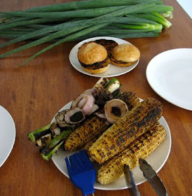 labor day weekend grill: corn, scallions, red onion, lamb burger, chik patty