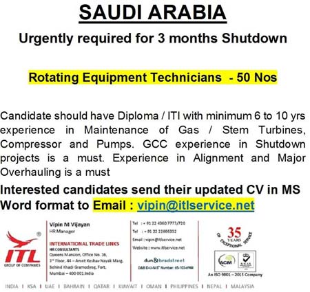 50 Rotating Equipment Technicians wanted for 3 Months Shutdown Job