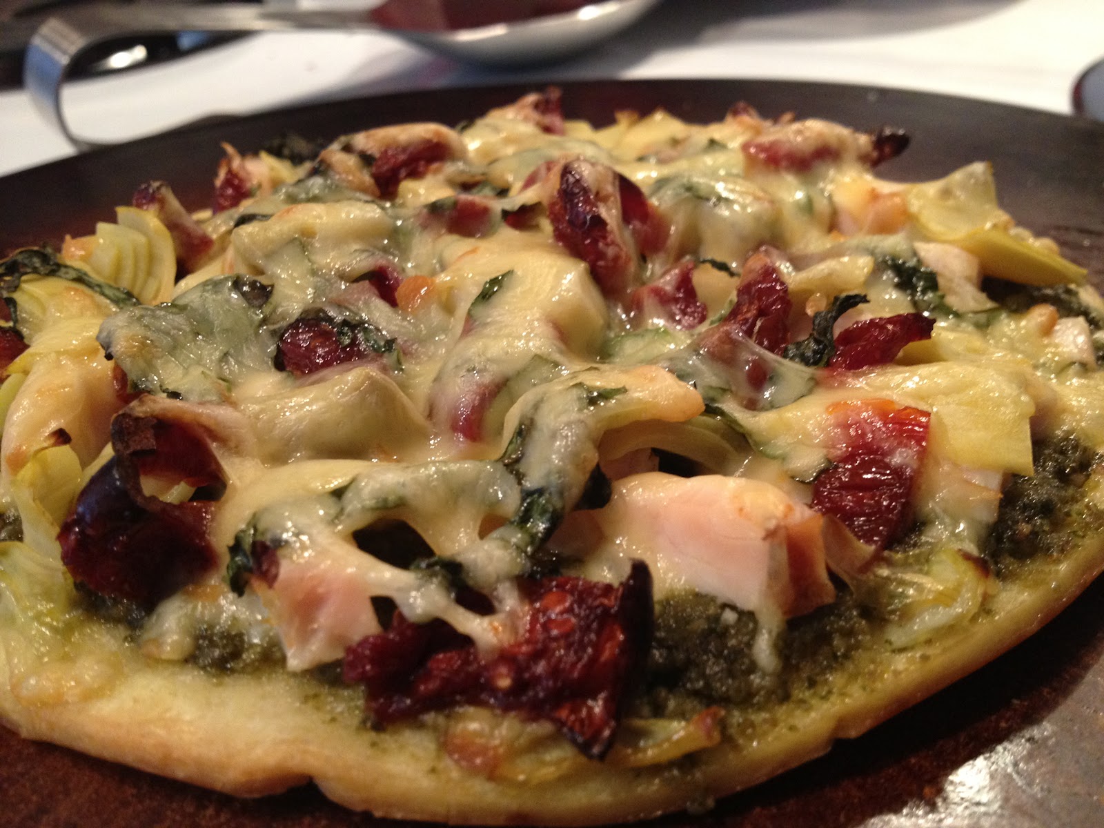 Now I Sit Me Down To Eat Pesto Chicken Artichoke Pizza