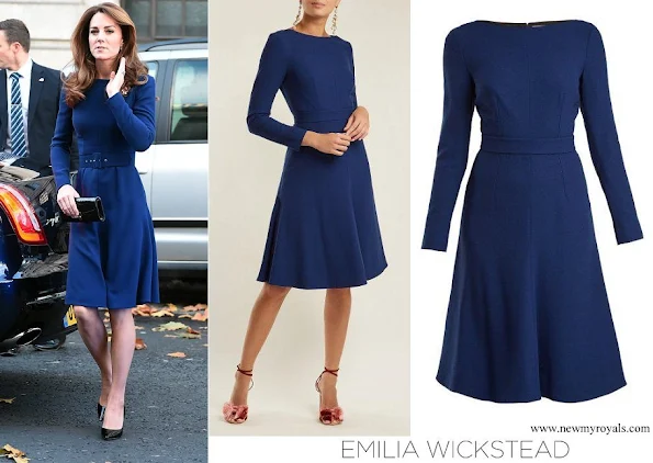 Kate Middleton wore EMILIA WICKSTEAD Kate A-Line Wool Crepe Dress in Navy-Blue