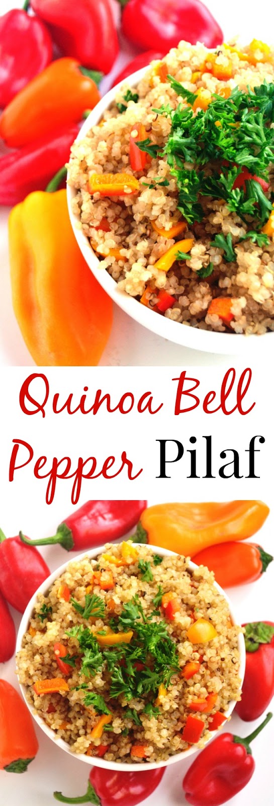 This Quinoa Bell Pepper Pilaf is a simple side dish that has toasted quinoa, sweet peppers and garlic. It can be served hot, cold or room temperature! www.nutritionistreviews.com