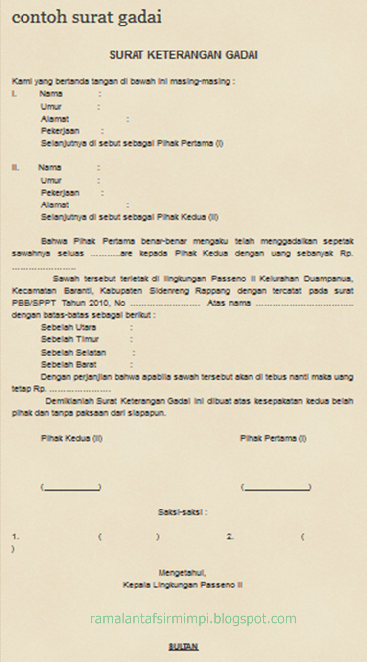 3 Contoh Surat Perjanjian Gadai Yang Benar