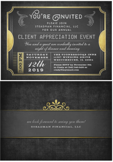 black & gold corporate ticket invitation card front and back