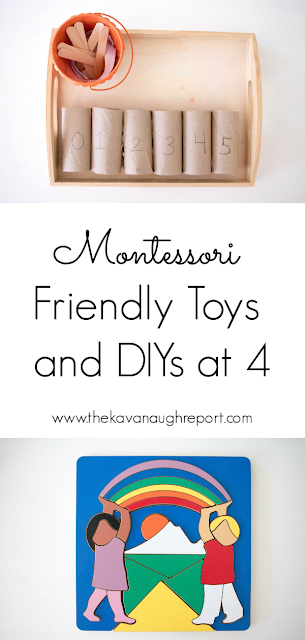 Some Montessori friendly toys and DIYs for a 4-year-old.