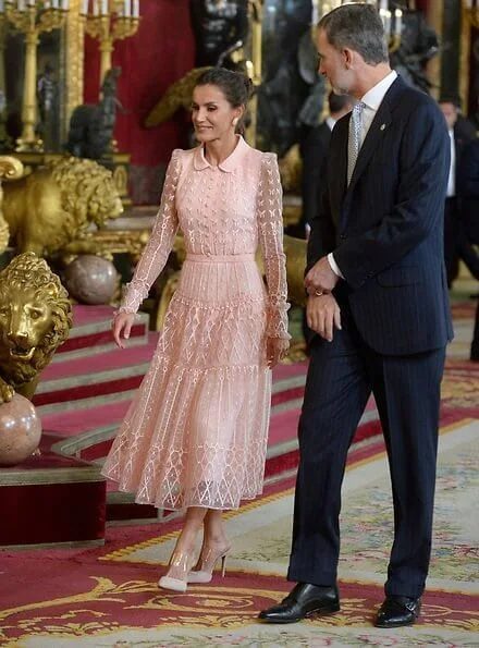 Queen Letizia wore a new pink embroidered tulle midi dress by Felipe Varela