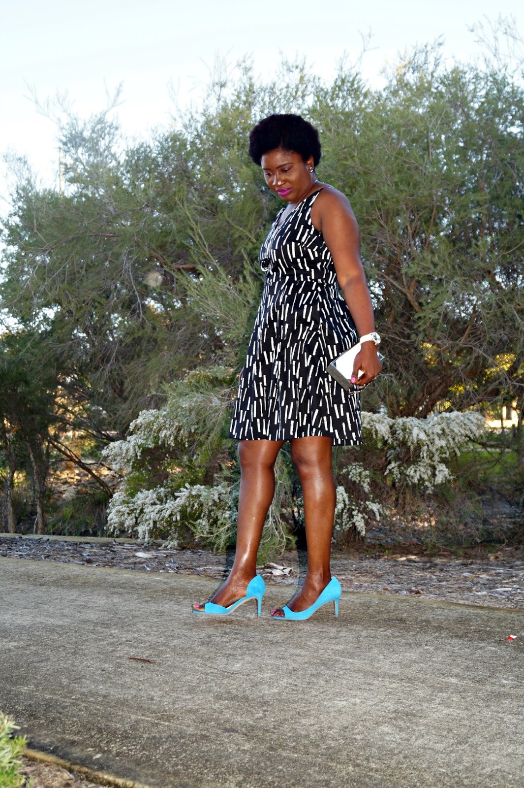 Springing in Aqua: A Black and White Dress + Aqua Shoes | The Cooking