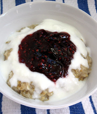 valentine's day oatmeal with yogurt and raspberry jam