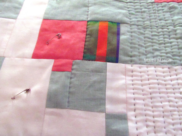 hand quilting, Jogakbo stitching and layering - slow stitching on thrift store linen  by Marty Mason 