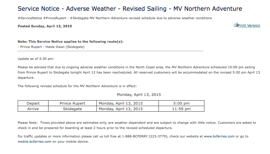 North Coast Review BC Ferries Revises Sailing schedule as storm approaches