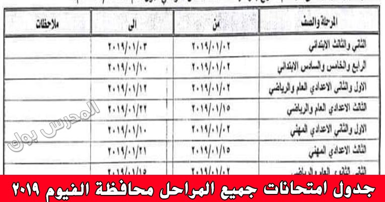 جدول امتحانات محافظة الفيوم 2019 جدول امتحانات محافظة الفيوم 2019