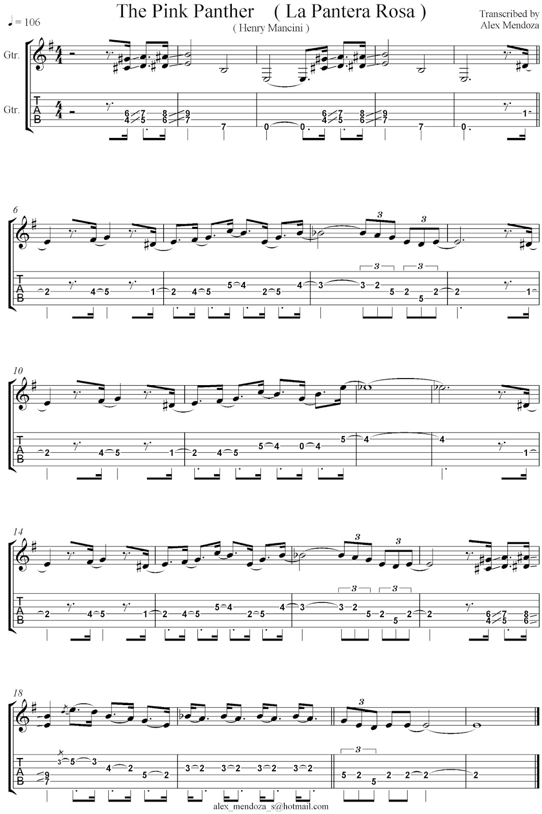 ALEX MENDOZA ( Amen Partituras, Letras, Tab, Acordes para Guitarra: La ( Henry Mancini ) Transcripción: Alex