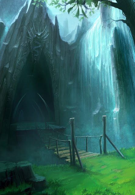Um antigo templo vazio na floresta encantada. desenho de anime