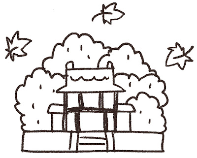 紅葉のイラスト「お寺と森」線画