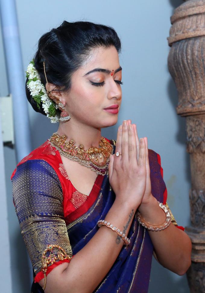 Indian Actress Rashmika Mandana Photos In Traditional Blue Saree