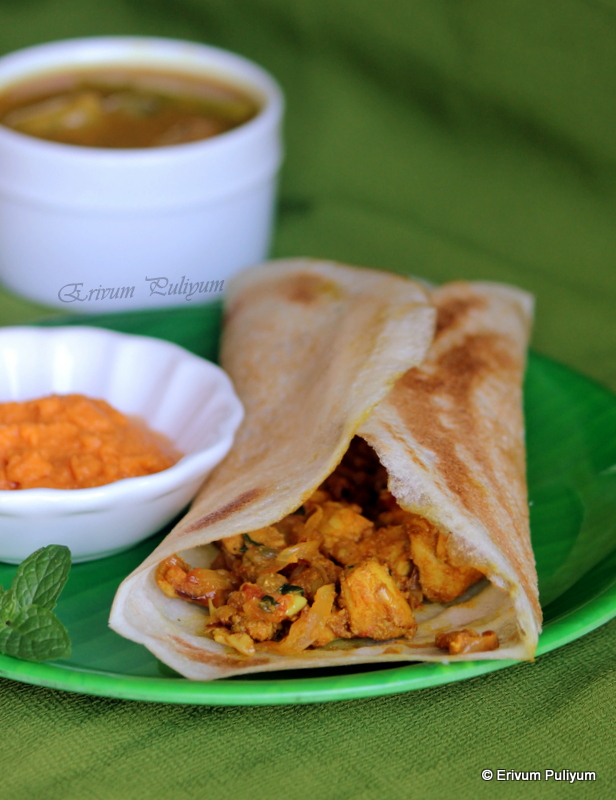 Erivum Puliyum Chicken Masala Dosa Dosa with Chicken Filling (Step