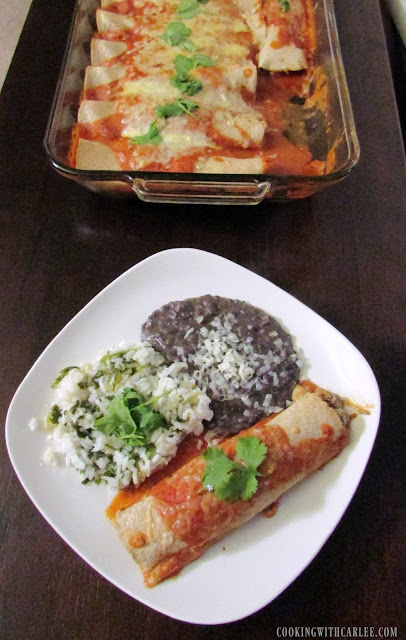 These yummy enchiladas have a great chicken filling that can be made on the stove or in a slow cooker. The result is flavorful and filling!