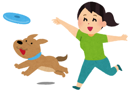 犬とフリスビーで遊ぶ人のイラスト
