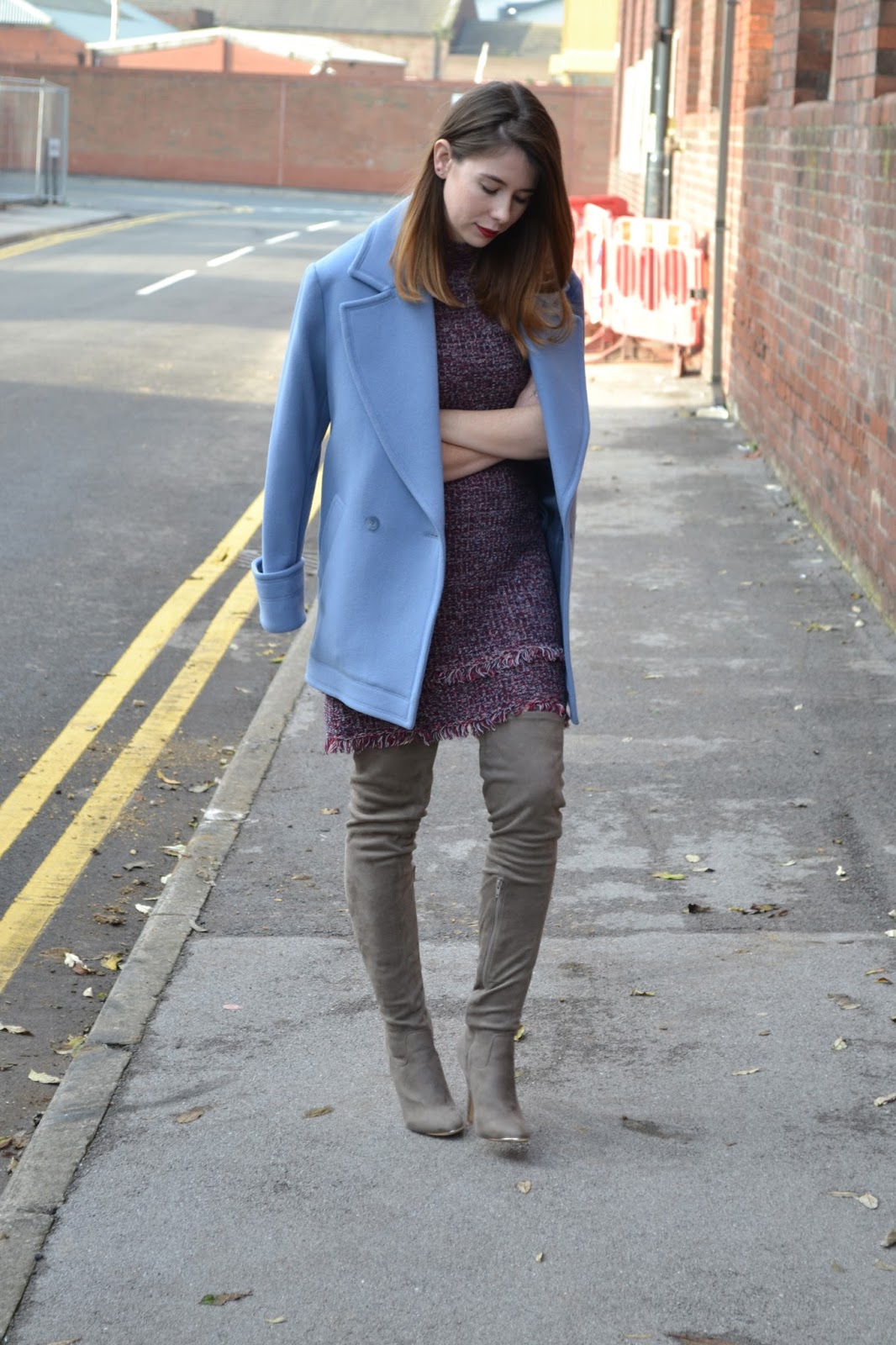 womens affordable highstreet fashion blog featuring British street style. Topshop knitted high neck jumper dress in chanel style. Thigh high grey suede boots from Matalan. Pastel blue double breasted jacket from Reiss. Holliescloset