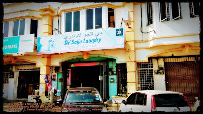 gambar pandangan hadapan kedai dobi layan diri De' salju Laundry - kereta perodua MyVI - motosikal - bengkel kereta. Kedai dobi di Wakaf Bharu.