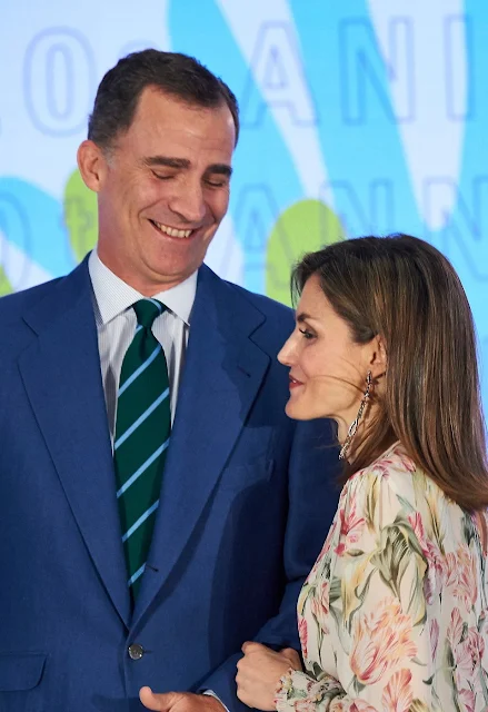 King Felipe and Queen Letizia Ortiz Deliver Iberdrola 2016 Scholarships at the Iberdrola Foundation headquarters. Letizia wore Printed floral dress