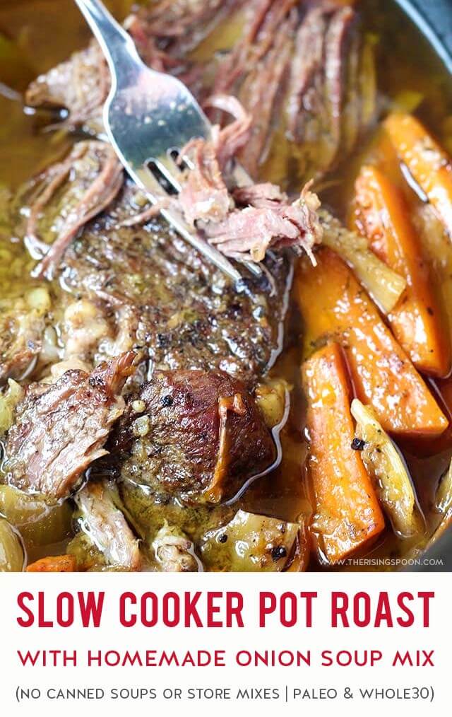 A simple recipe for the best melt in your mouth slow cooker pot roast with root vegetables & homemade onion soup mix seasoning. Prep this easy & healthy recipe in 20 minutes & cook for as little as 4-5 hours on high. Serve the shredded meat with mashed potatoes or cauliflower for a comforting meal that will make you feel good! (gluten-free, paleo & whole30) Tip: Omit the carrots & parsnips to keep it low-carb! #slowcooker #crockpot #potroast #whole30 #paleo #realfood