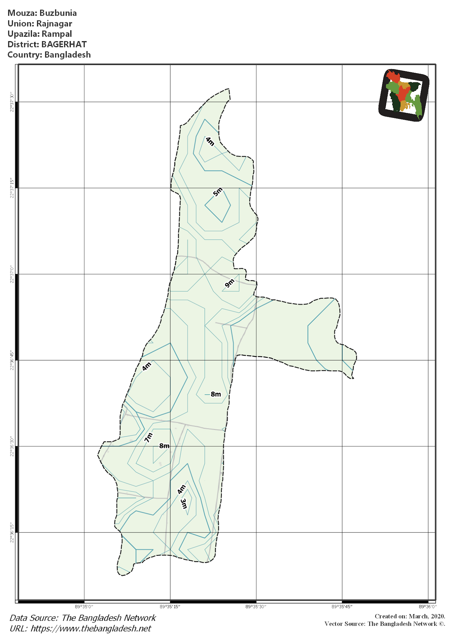 Map of Buzbunia Mouza of Rampal Upazila, BAGERHAT, Bangladesh.