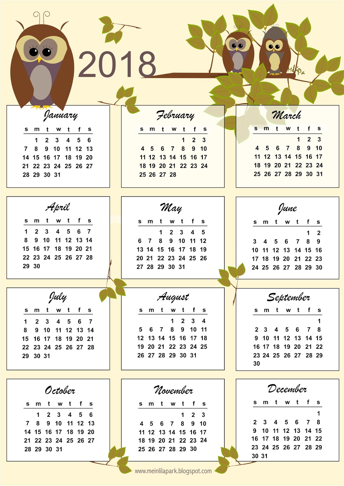 FREE printable 2018 owl calendar Kalender freebie MeinLilaPark