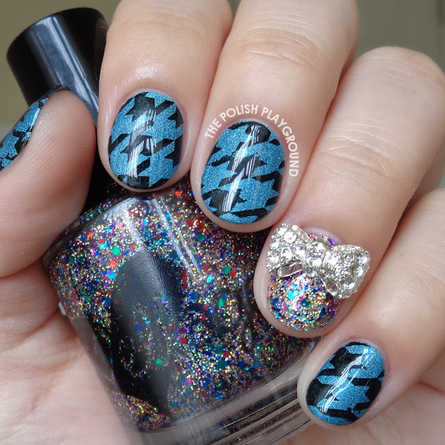 Blue and Black Houndstooth Stamping Nail Art
