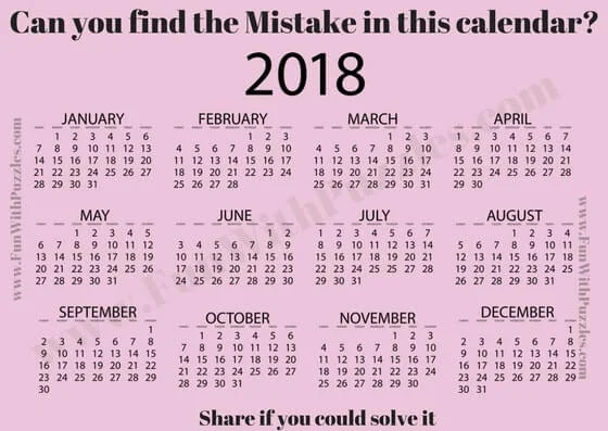 Calendar Puzzle to find the mistake in given puzzle picture
