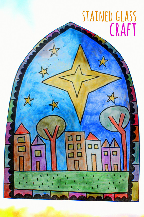Free Stained Glass Coloring Sheet Craft- Print out design, color it in, turn it into stained glass! Great Christmas Craft
