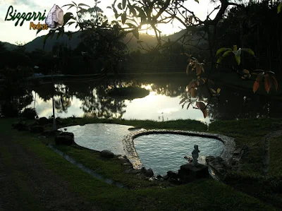 Execução da piscina natural com pedras com o passeio da piscina com o piso de São Tomé com execução do lago com o ilha e os muros de pedra.