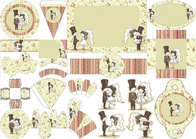 Wedding Toon Couple in Provencal Style: Free Printable Kit for Weddings.