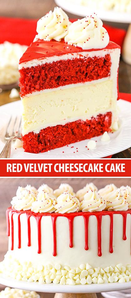 Red Velvet Cheesecake Cake with layers of moist red velvet cake and creamy cheesecake, covered in cream cheese frosting! A classic Red Velvet recipe! #redvelvet #cheesecake #cake #valentines #dessert 