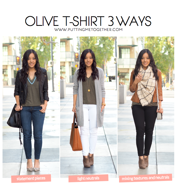 Putting Me Together: 3 Outfits With an Olive Tee