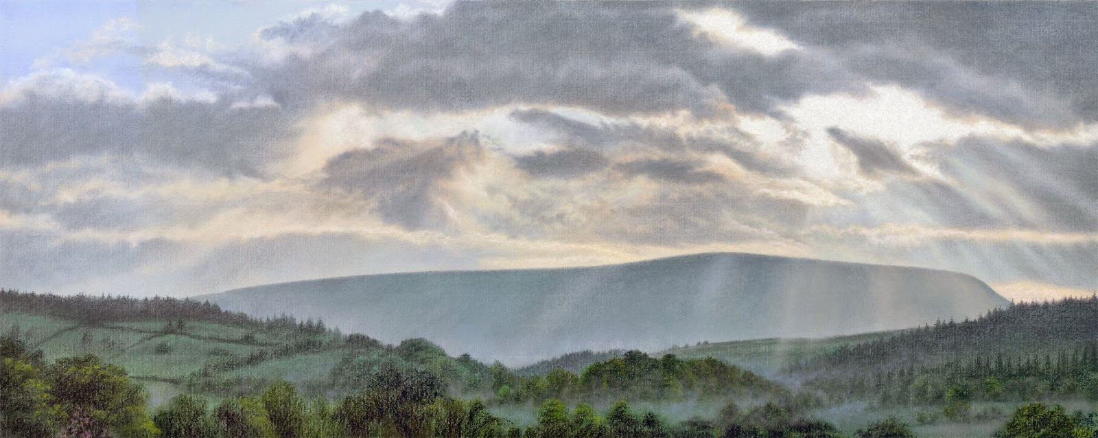 Sunbeams over Pendle from Roughlee Michael Howley Artist. A signed limited edition print from an original soft pastel painting