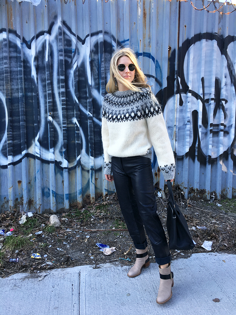 Heleneisfor, Fashion Over Reason, ThredUp blog MiuMiu leather pants, Icelandic Wool sweater, Céline Edge bag, Chloe Baobab boots